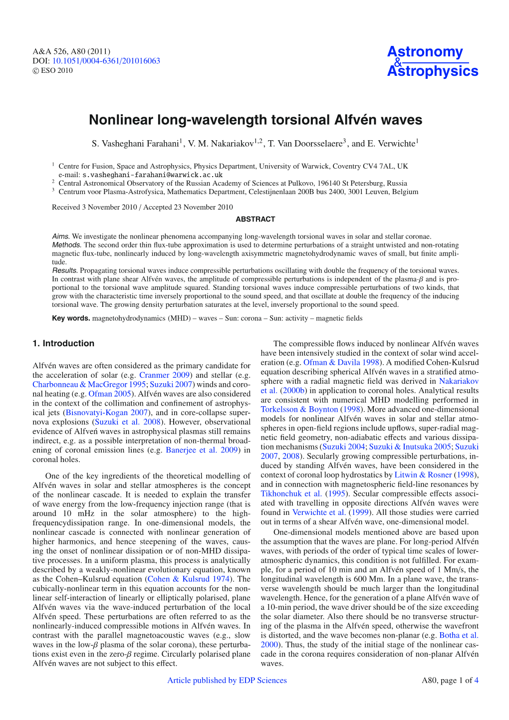Nonlinear Long-Wavelength Torsional Alfvén Waves