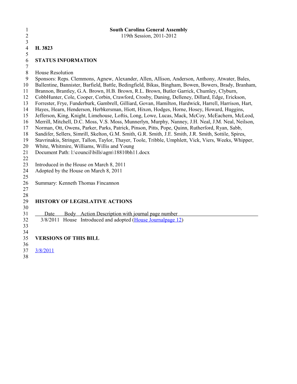 2011-2012 Bill 3823: Kenneth Thomas Fincannon - South Carolina Legislature Online