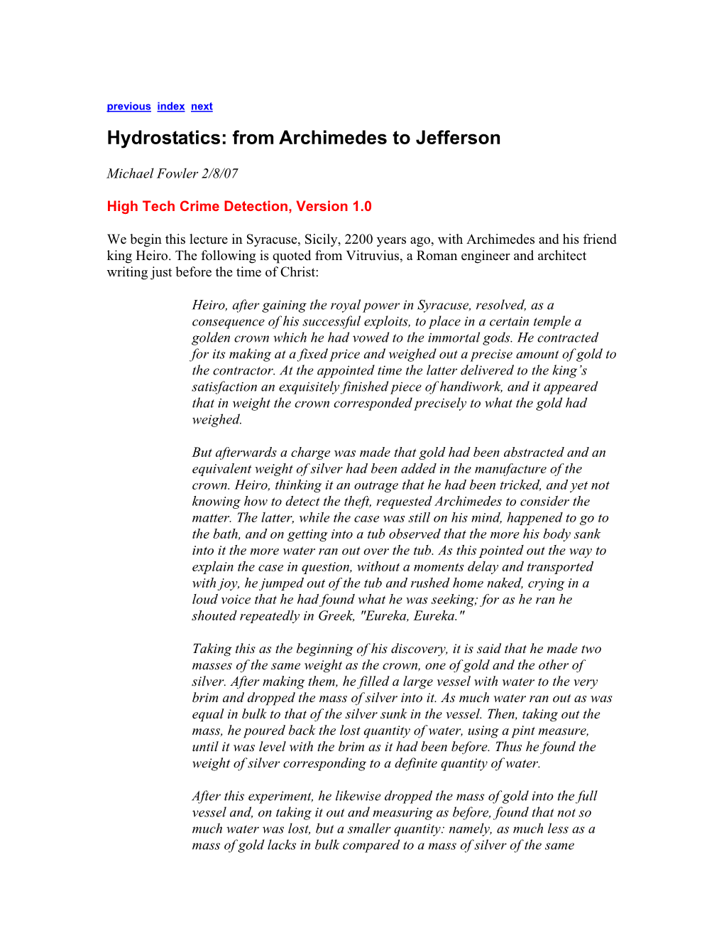 Hydrostatics: from Archimedes to Jefferson