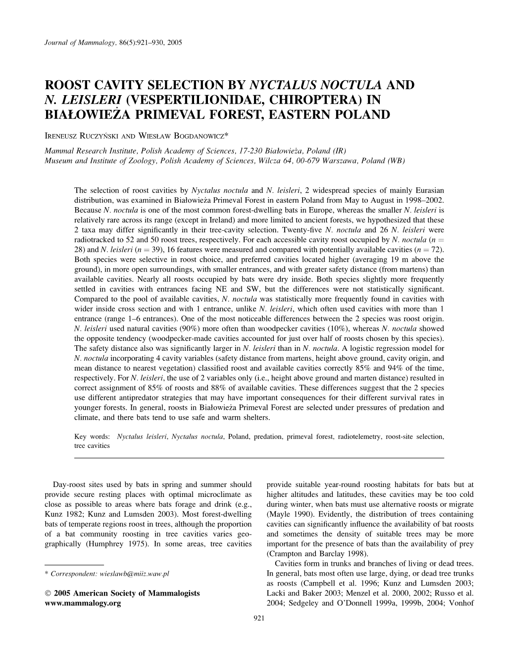 Roost Cavity Selection by Nyctalus Noctula and N