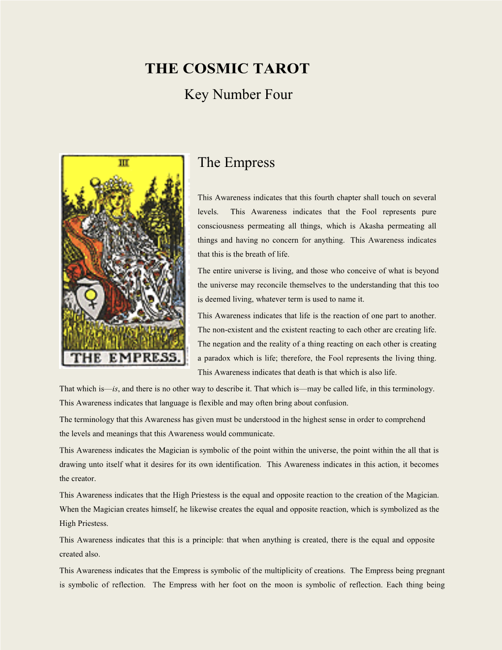 THE COSMIC TAROT Key Number Four the Empress