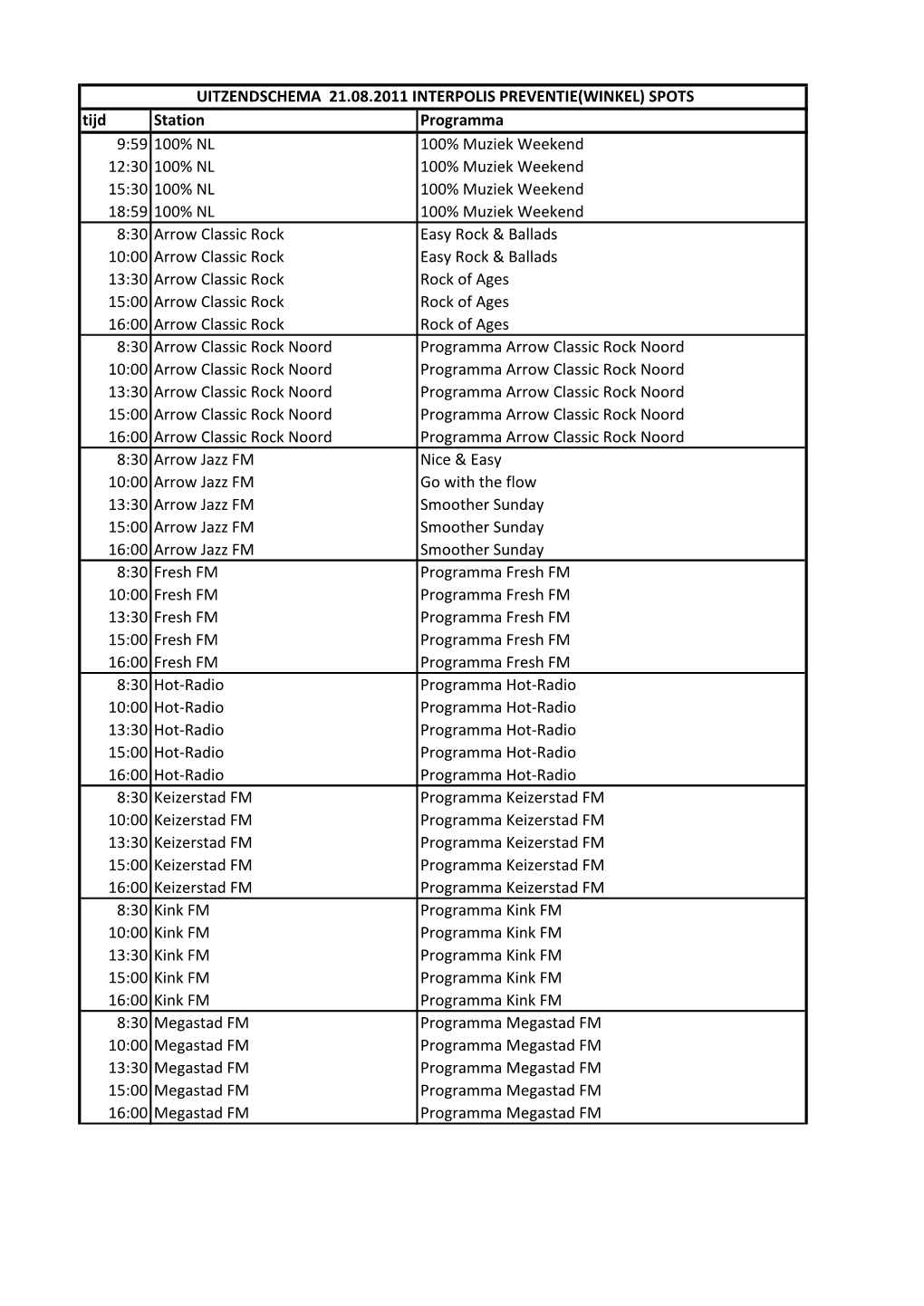 Tijd Station Programma 9:59 100% NL 100% Muziek Weekend 12:30 100