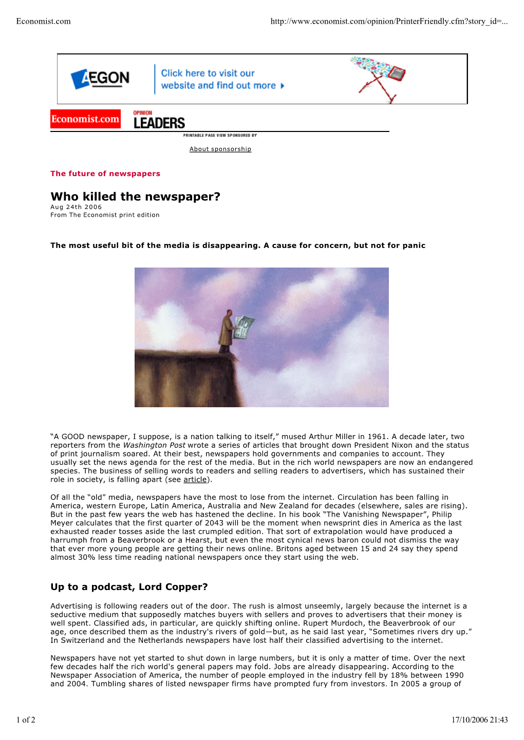 Who Killed the Newspaper? Aug 24Th 2006 from the Economist Print Edition