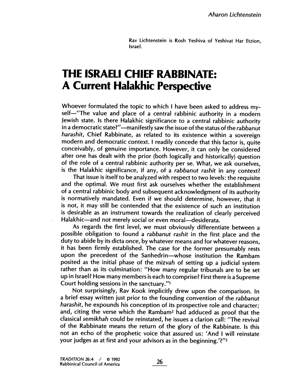 THE ISRAELI CHIEF RABBINATE: a Current Halakhic Perspective