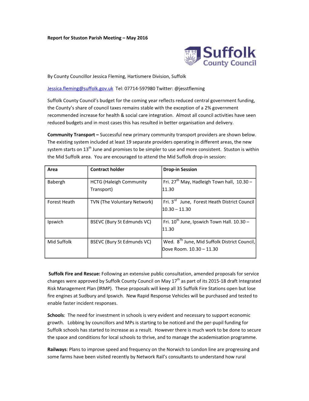 Report for Stuston Parish Meeting – May 2016 by County Councillor