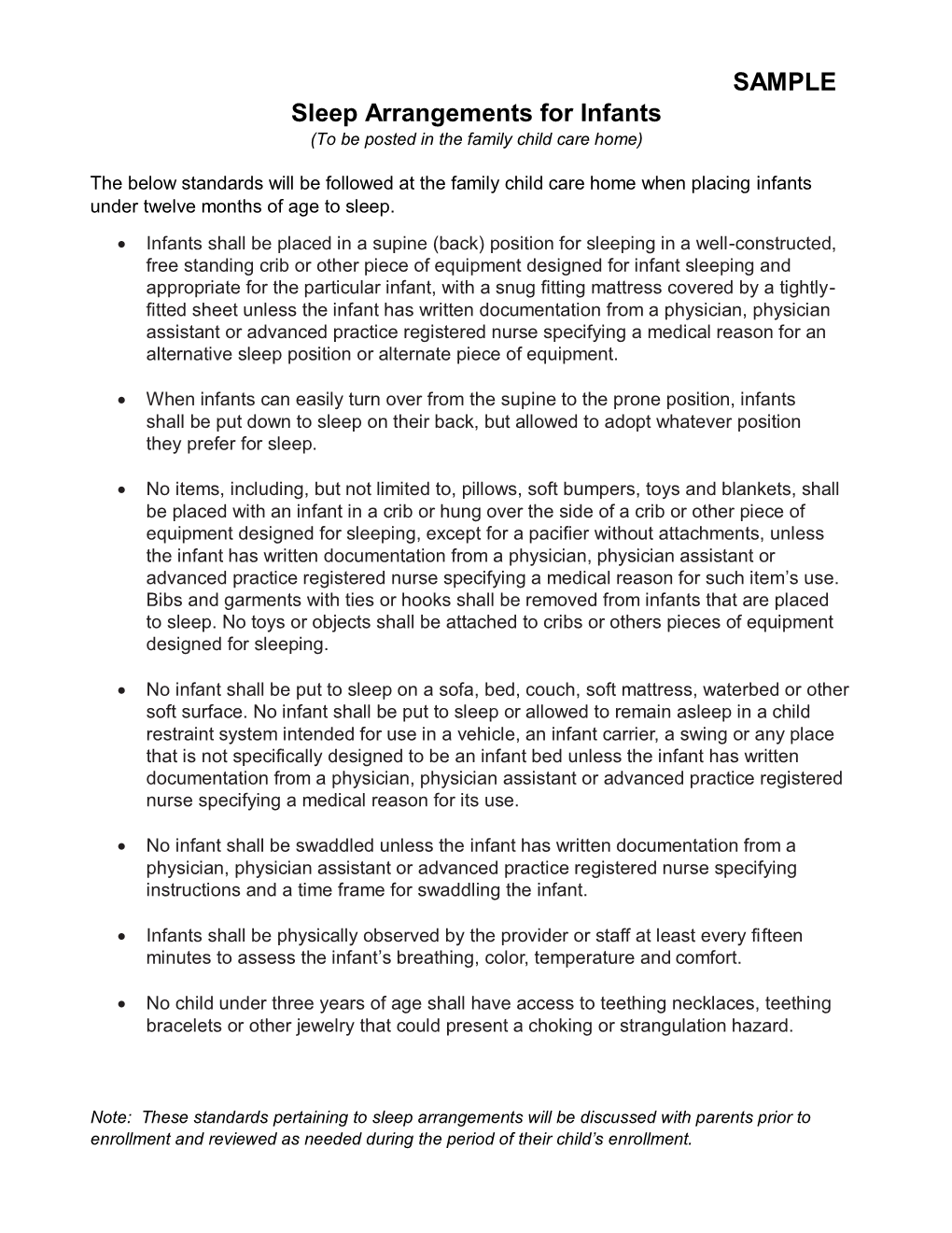 SAMPLE Sleep Arrangements for Infants (To Be Posted in the Family Child Care Home)