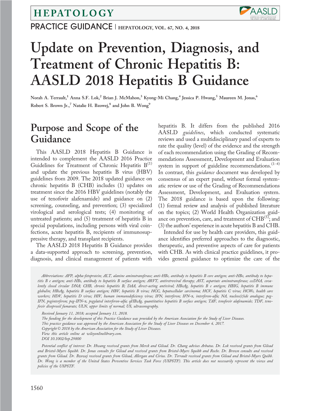 Update on Prevention, Diagnosis, and Treatment of Chronic Hepatitis B: AASLD 2018 Hepatitis B Guidance