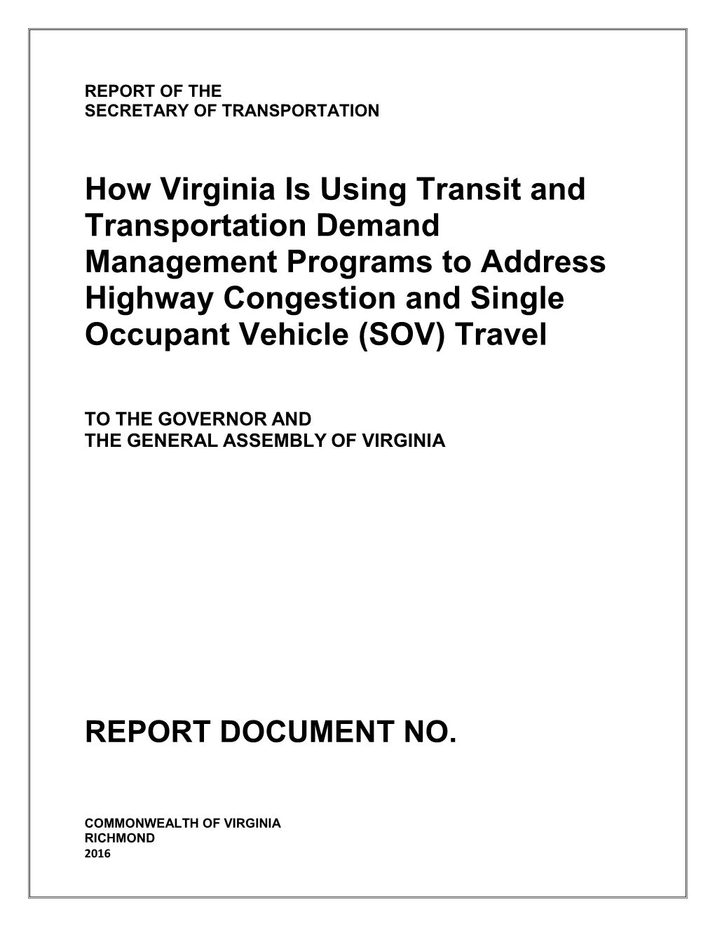 Final Transit and TDM Report to the General Assembly