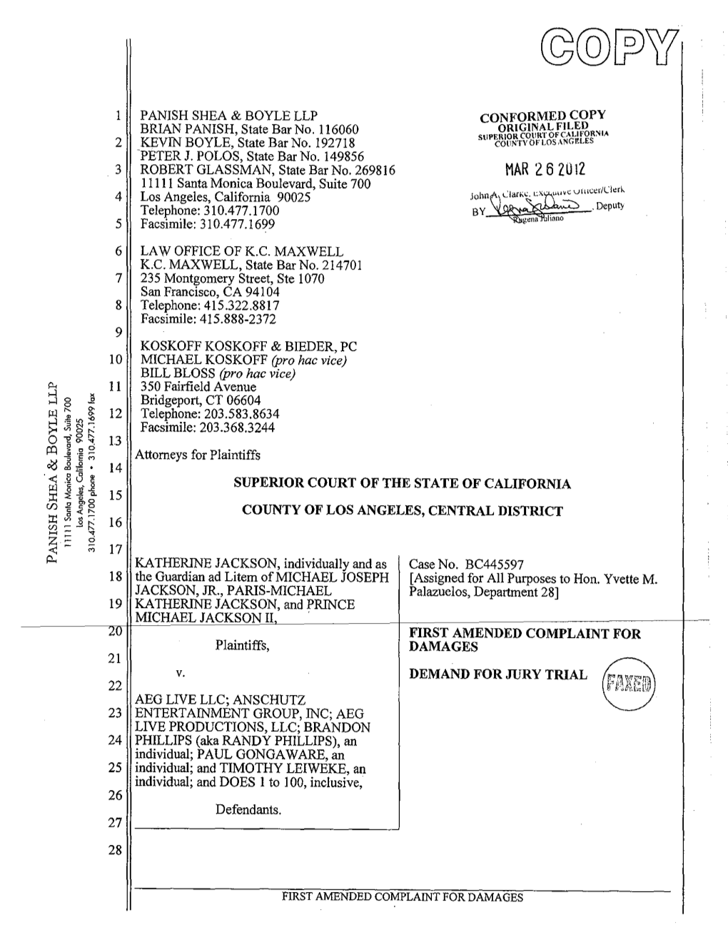 AMENDED COMPLAINT for Plaintiffs, DAMAGES 21 V