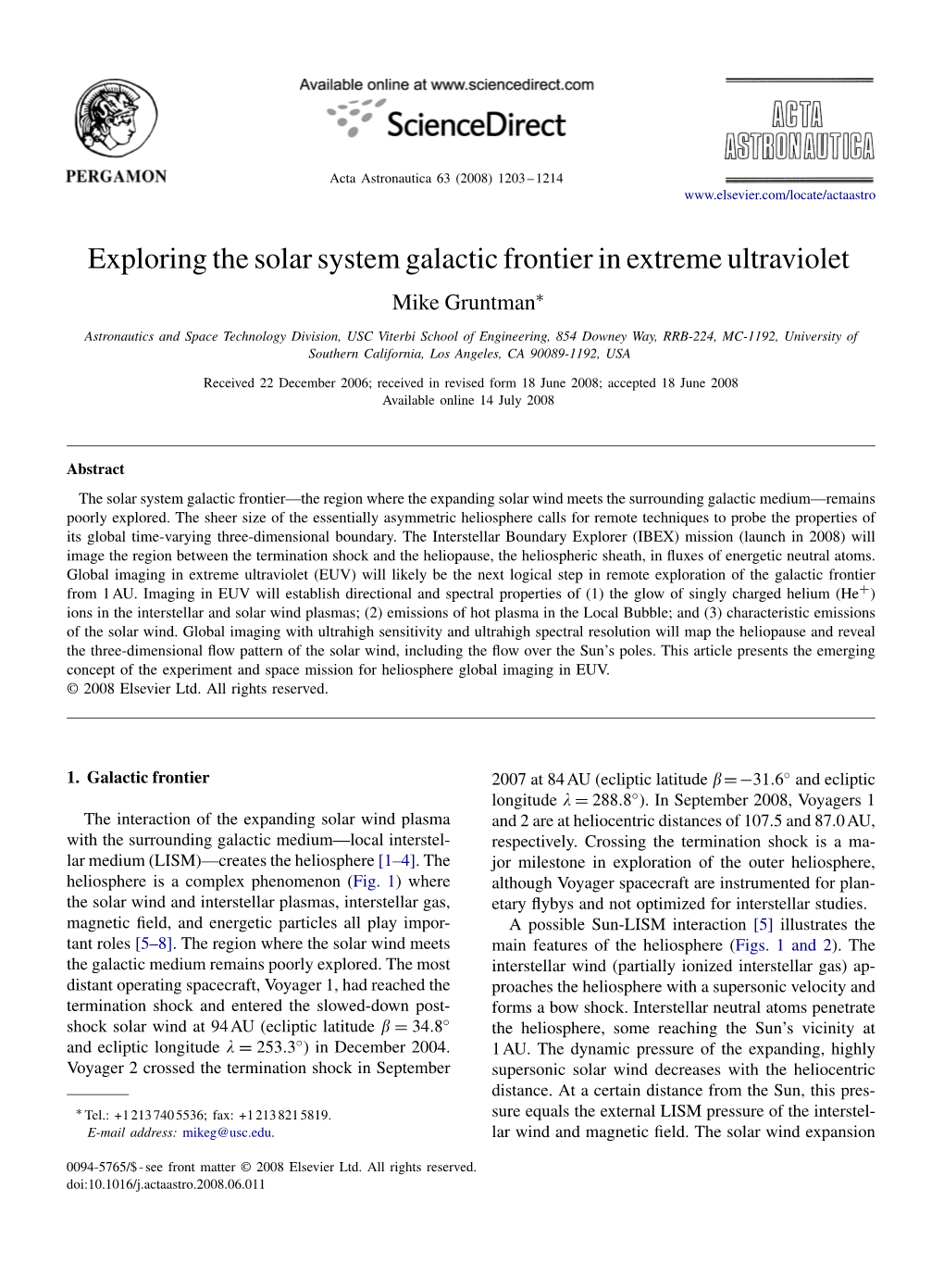 Exploring the Solar System Galactic Frontier in Extreme Ultraviolet Mike Gruntman∗