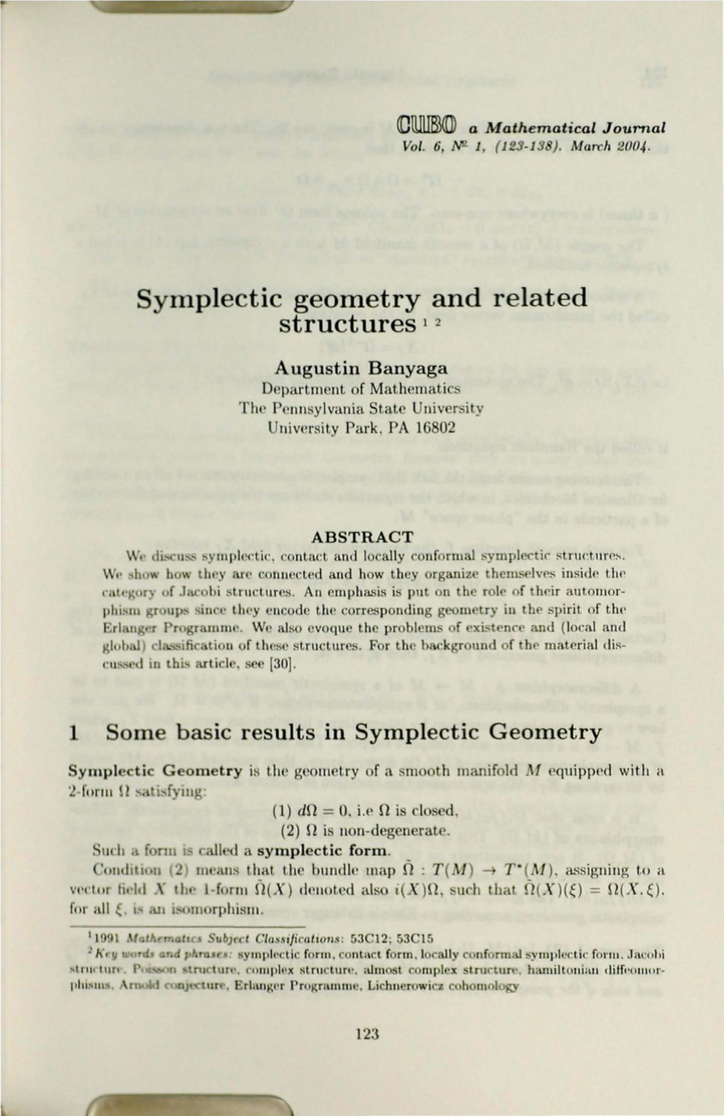 Symplectic Geometry and Related Structures •'