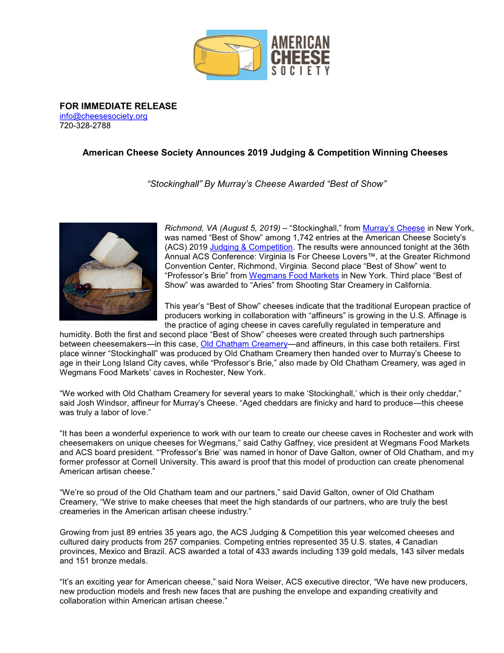 American Cheese Society Announces 2019 Judging & Competition