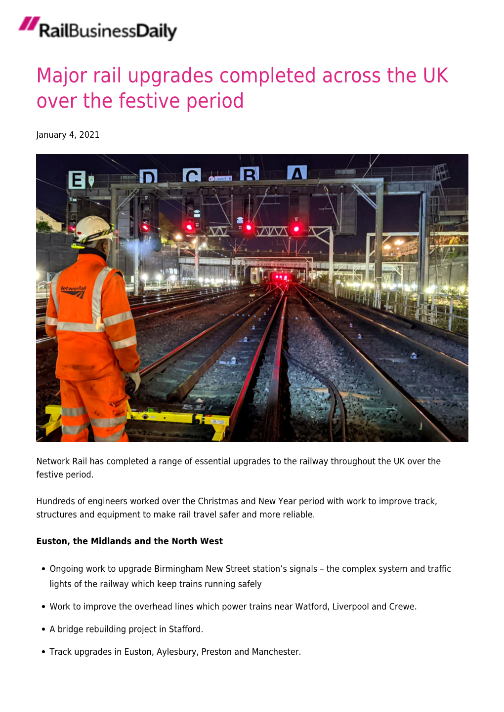 Major Rail Upgrades Completed Across the UK Over the Festive Period