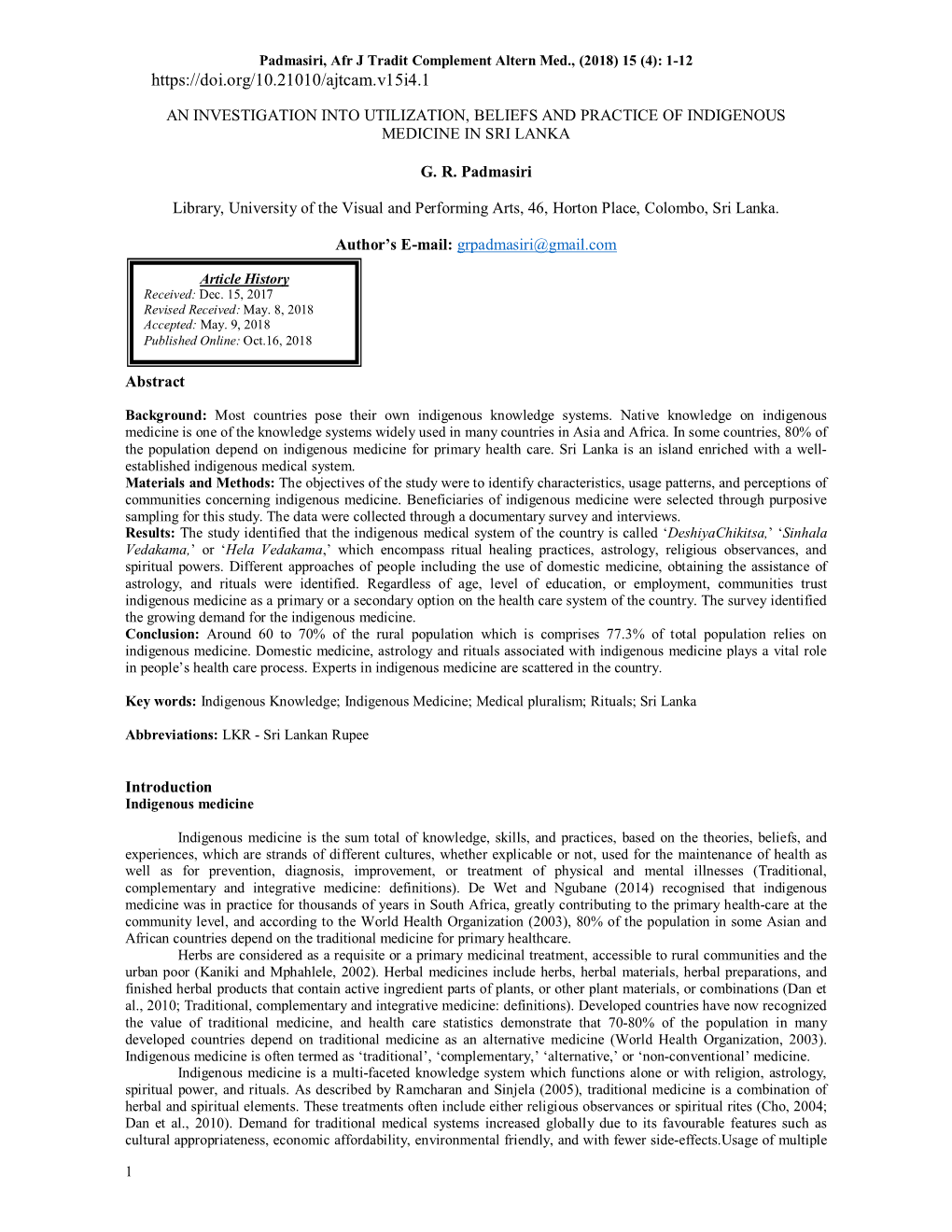 Padmasiri, Afr J Tradit Complement Altern Med., (2018) 15 (4): 1-12