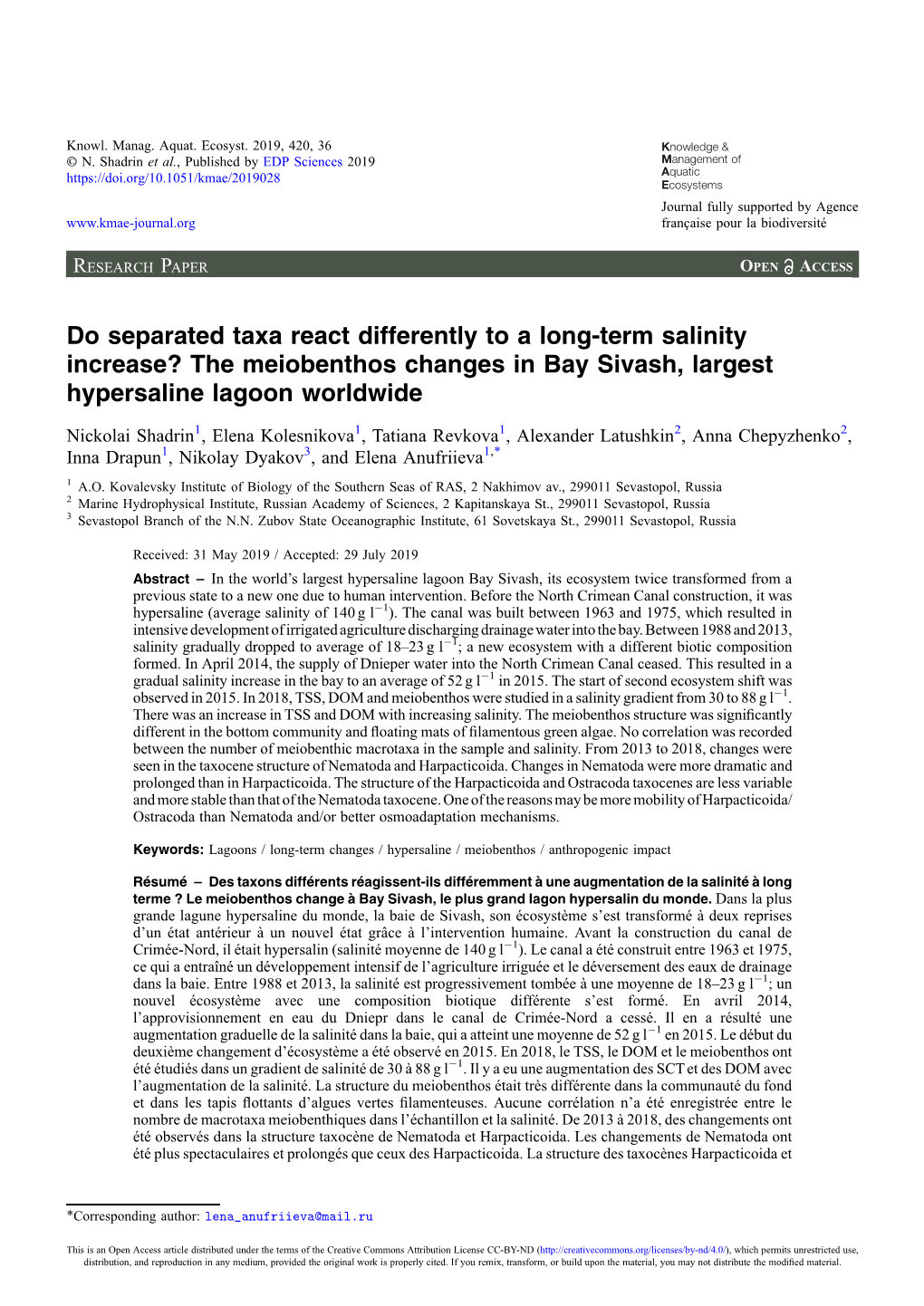 The Meiobenthos Changes in Bay Sivash, Largest Hypersaline Lagoon Worldwide