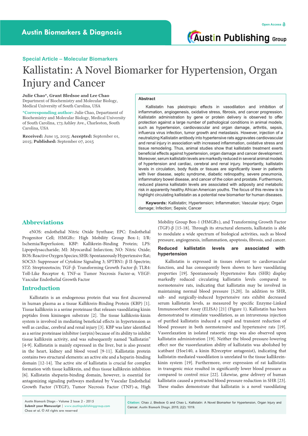 Kallistatin: a Novel Biomarker for Hypertension, Organ Injury and Cancer