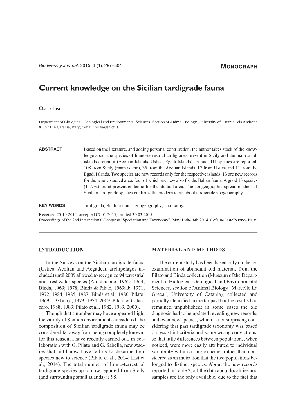 Current Knowledge on the Sicilian Tardigrade Fauna