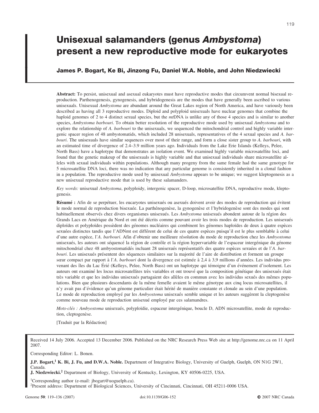 (Genus Ambystoma) Present a New Reproductive Mode for Eukaryotes