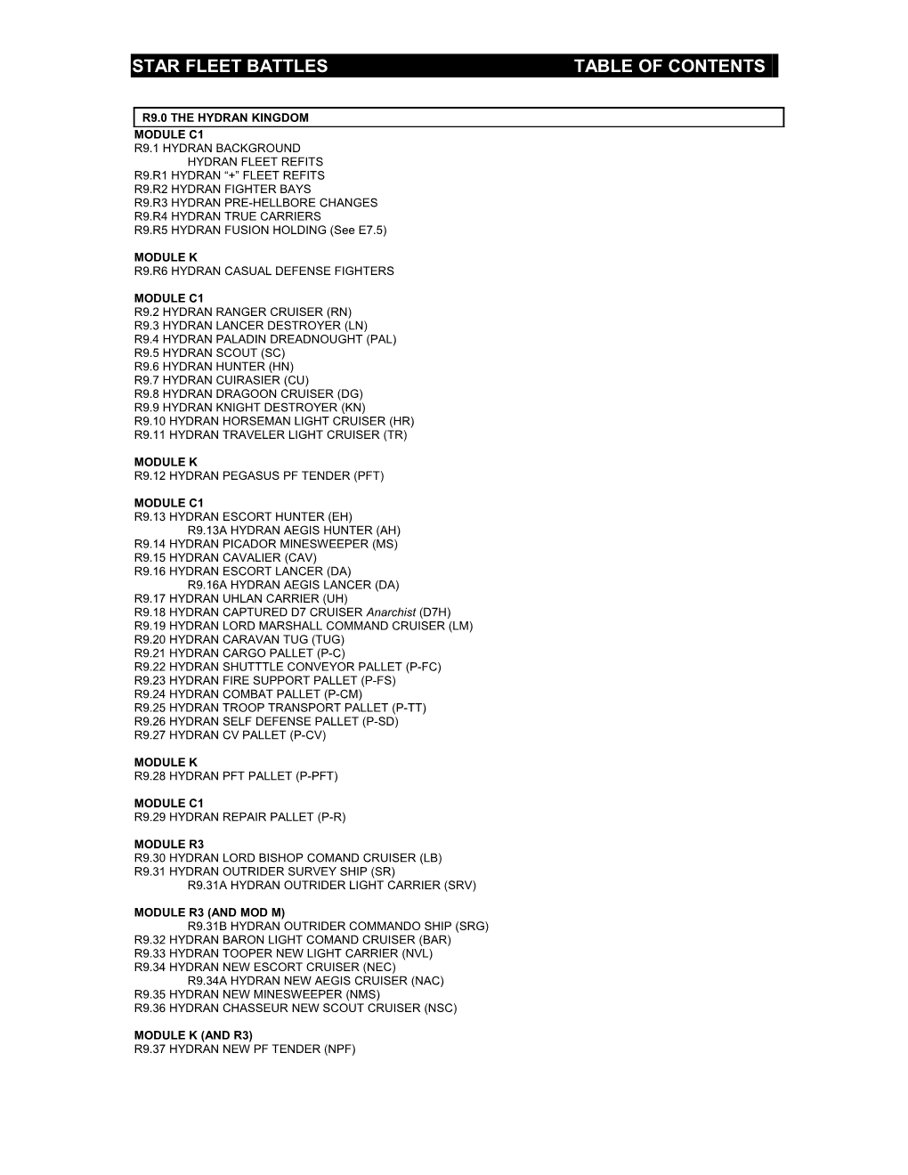 Star Fleet Battles Table of Contents R9.0 Hydrans