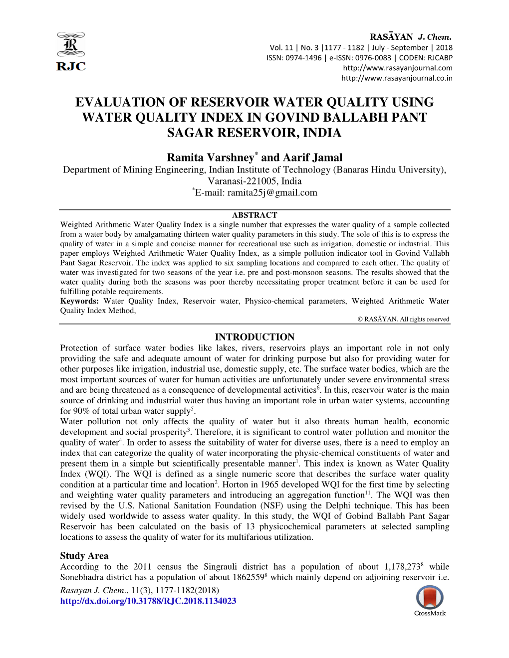 Evaluation of Reservoir Water Quality Using Water Quality Index in Govind Ballabh Pant Sagar Reservoir, India