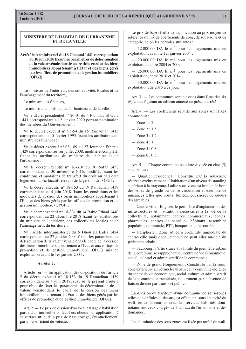 JOURNAL OFFICIEL DE LA REPUBLIQUE ALGERIENNE N° 59 11 4 Octobre 2020