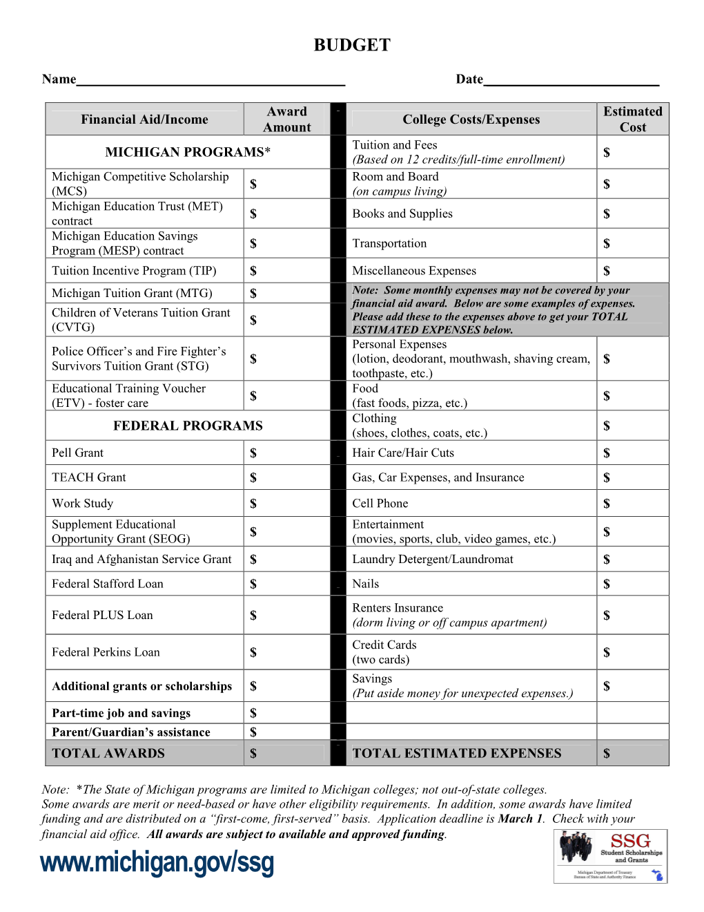 SSG Budget and College Checklist