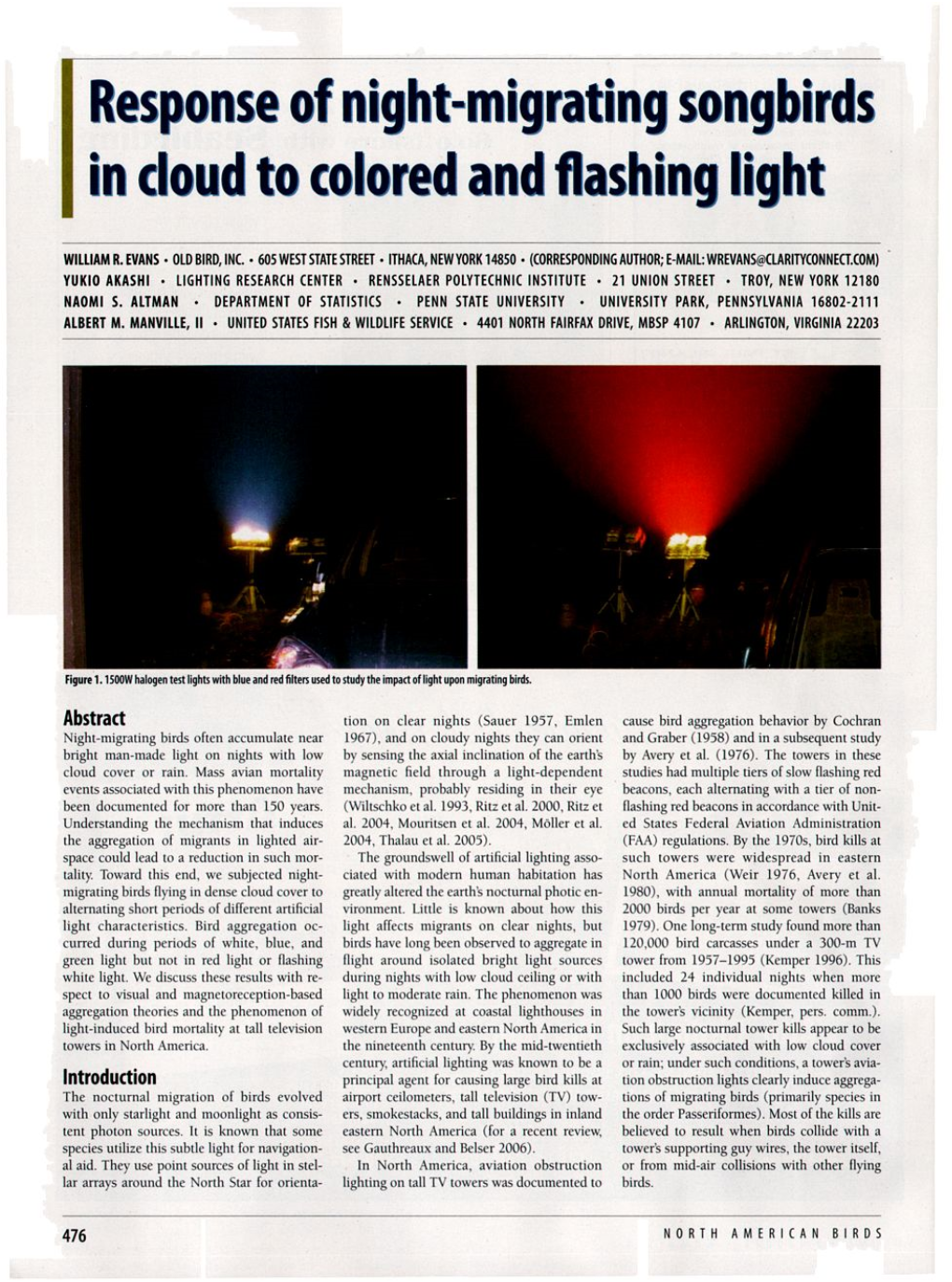 Response of Night-Migrating Songbirds in Cloud to Colored And