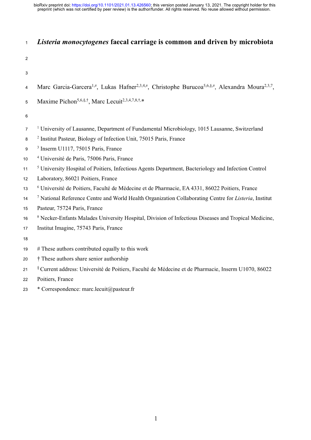 Listeria Monocytogenes Faecal Carriage Is Common and Driven by Microbiota