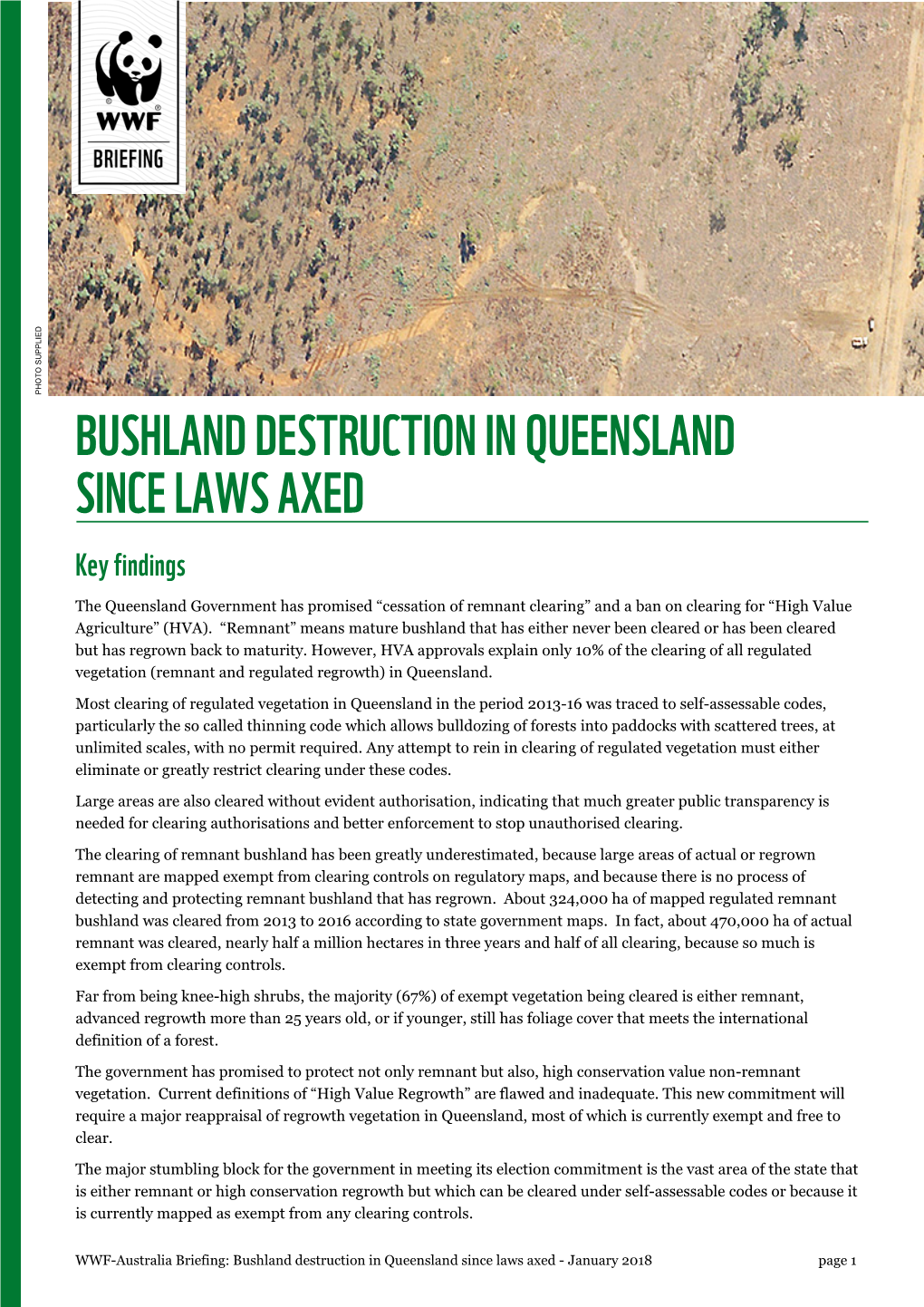 Briefing: Bushland Destruction in Queensland Since Laws Axed - January 2018 Page 1