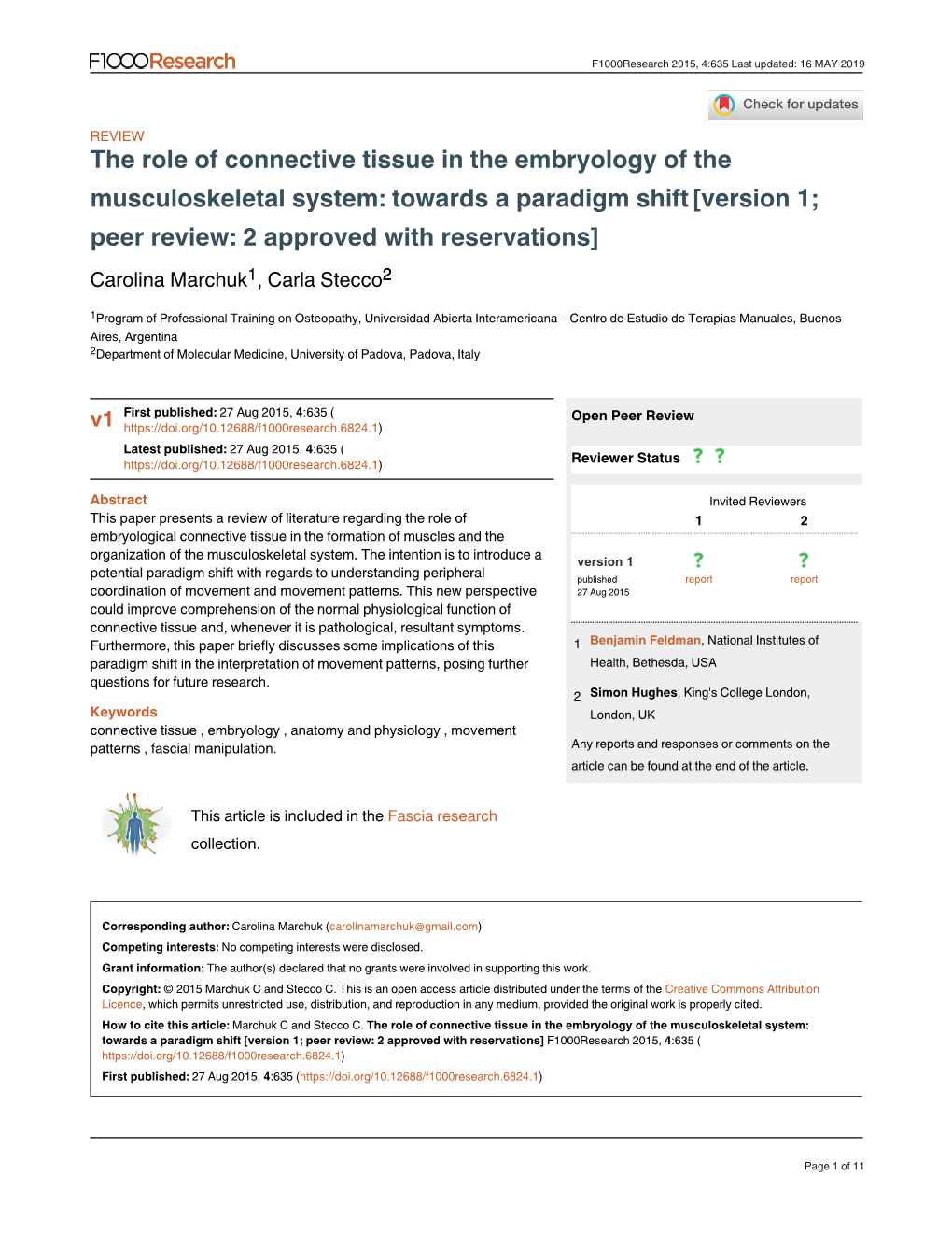 Musculoskeletal System: Towards a Paradigm Shift [Version 1; Peer Review: 2 Approved with Reservations] Carolina Marchuk1, Carla Stecco2