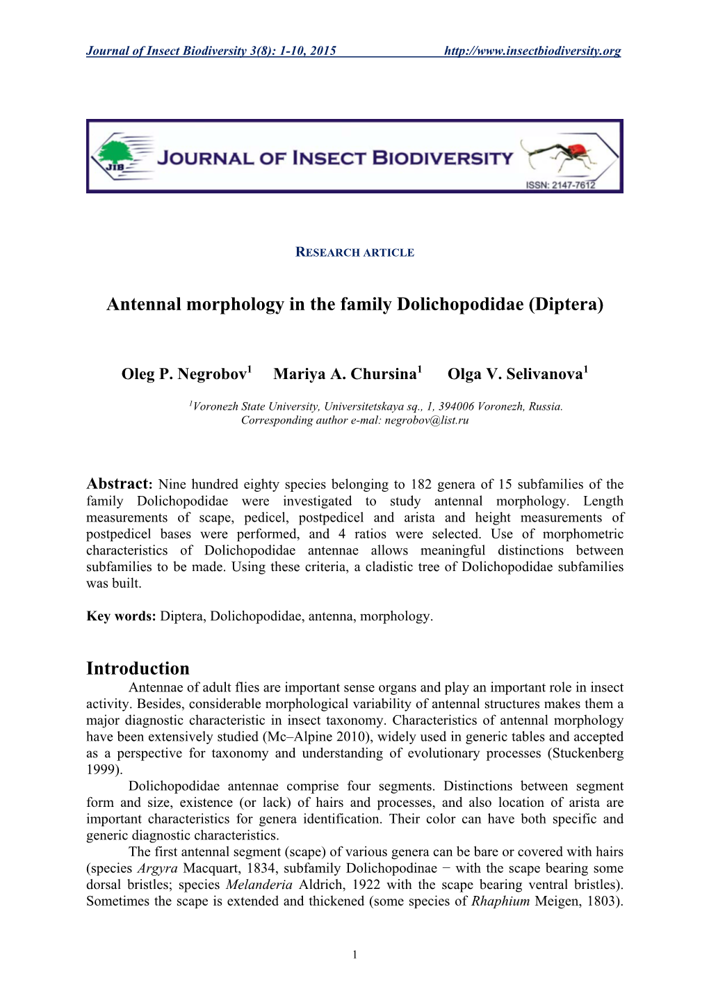 Antennal Morphology in the Family Dolichopodidae (Diptera) Introduction