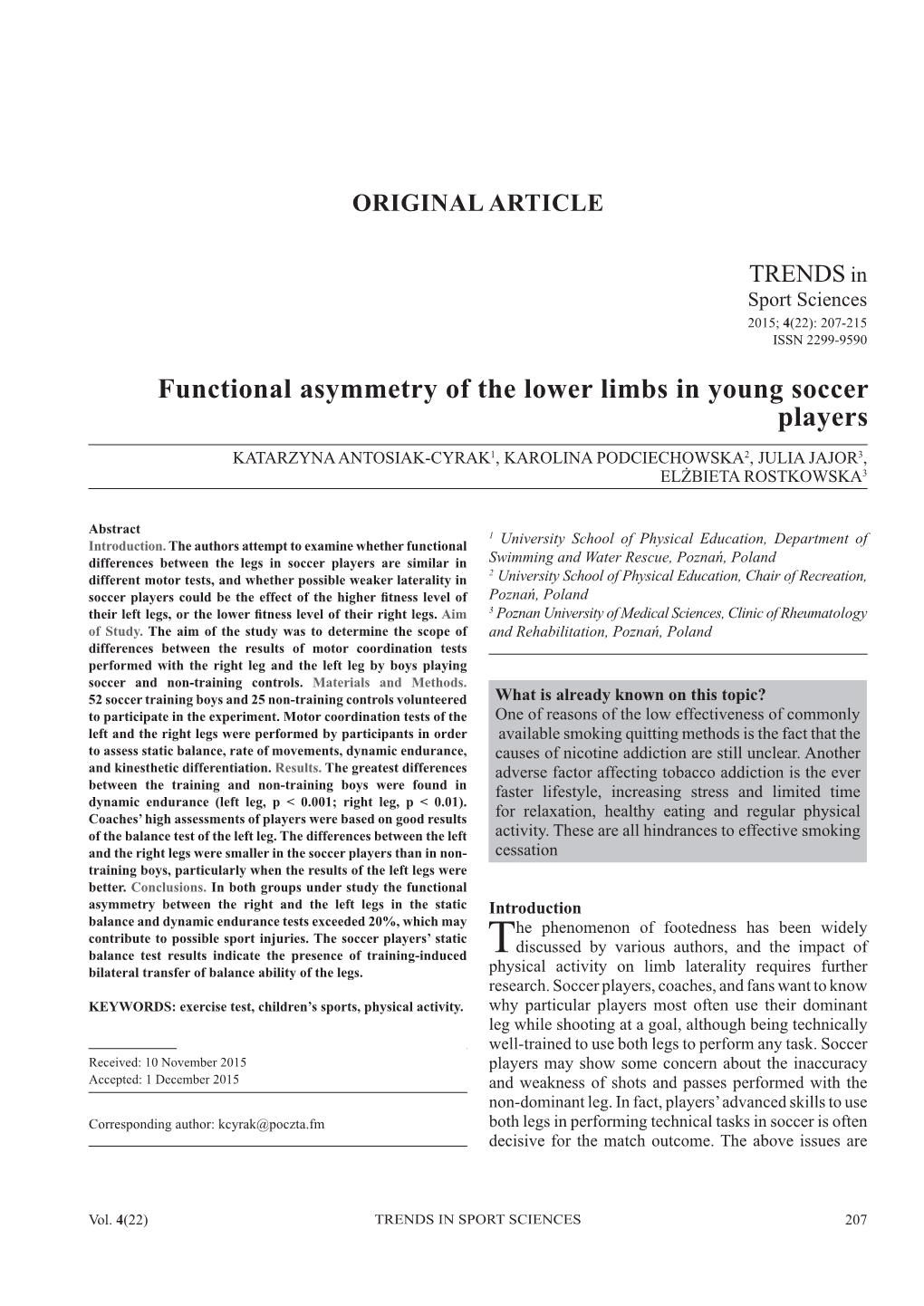 Functional Asymmetry of the Lower Limbs in Young Soccer Players