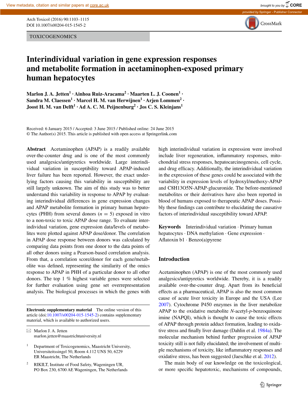 Interindividual Variation in Gene Expression Responses and Metabolite Formation in Acetaminophen‑Exposed Primary Human Hepatocytes