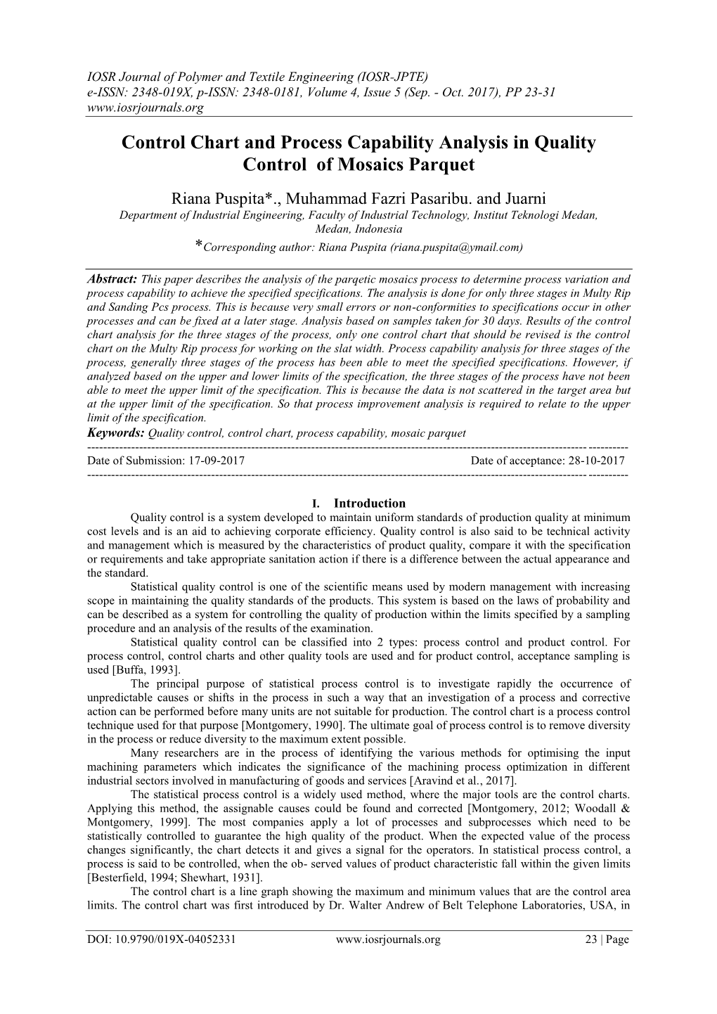 Control Chart and Process Capability Analysis in Quality Control of Mosaics Parquet