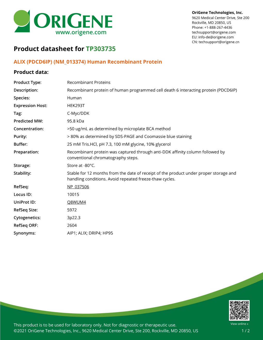 ALIX (PDCD6IP) (NM 013374) Human Recombinant Protein Product Data