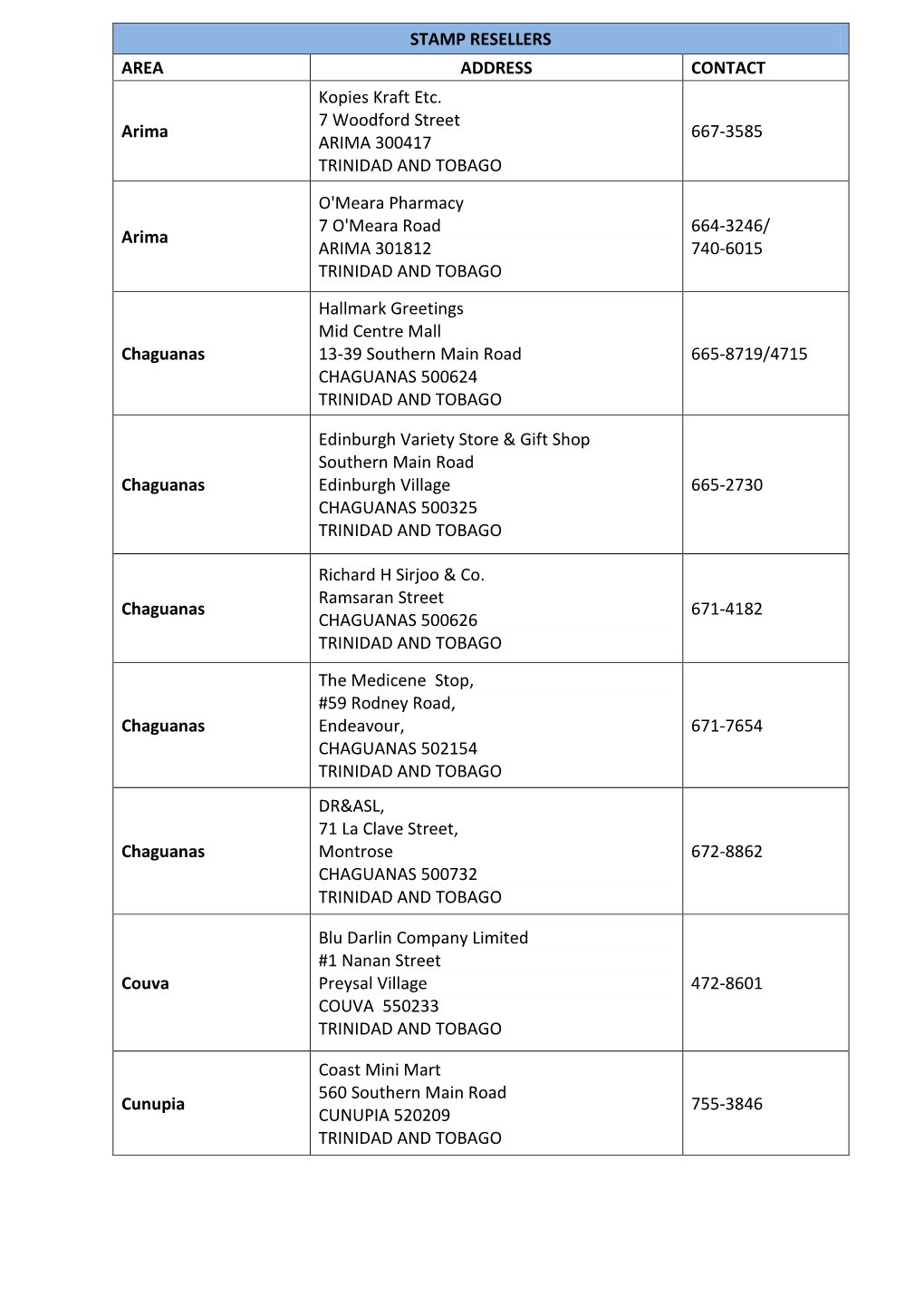 STAMP RESELLERS AREA ADDRESS CONTACT Arima