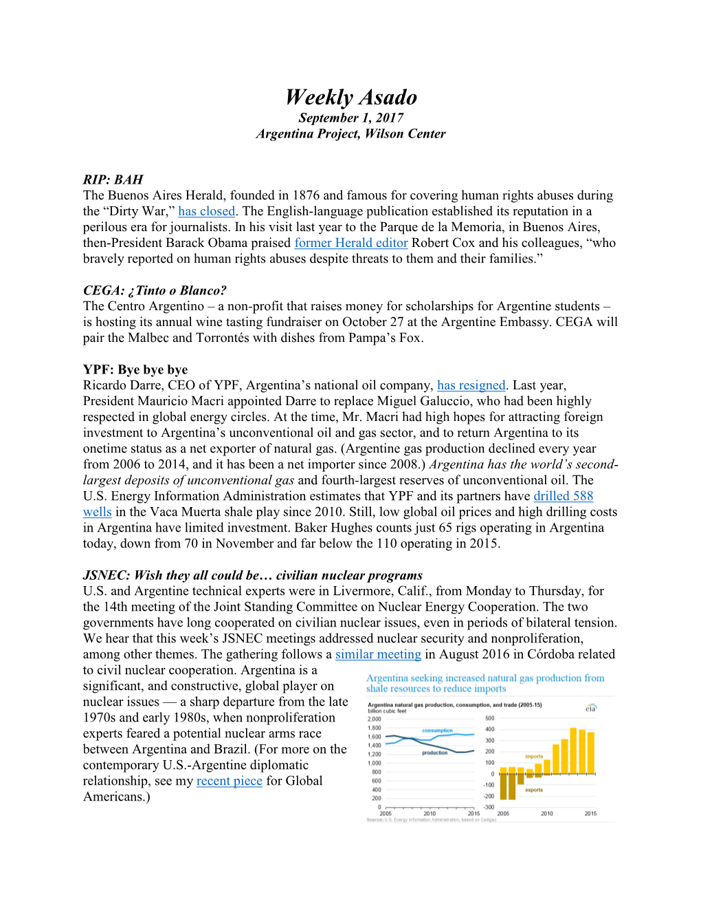 Weekly Asado September 1, 2017 Argentina Project, Wilson Center