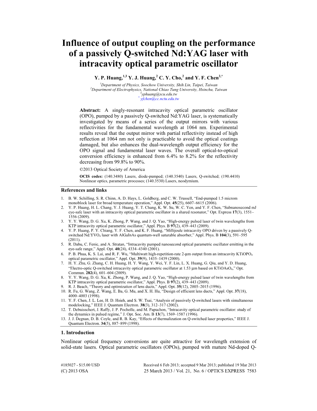 Influence of Output Coupling on the Performance of a Passively Q-Switched Nd:YAG Laser with Intracavity Optical Parametric Oscillator