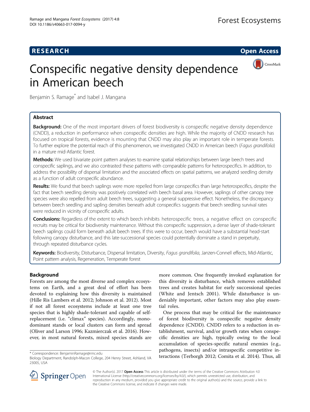 Conspecific Negative Density Dependence in American Beech Benjamin S