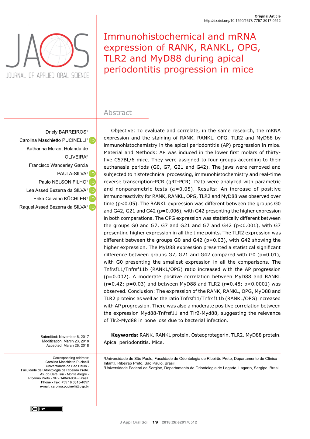 Immunohistochemical and Mrna Expression of RANK, RANKL, OPG, TLR2 and Myd88 During Apical Periodontitis Progression in Mice