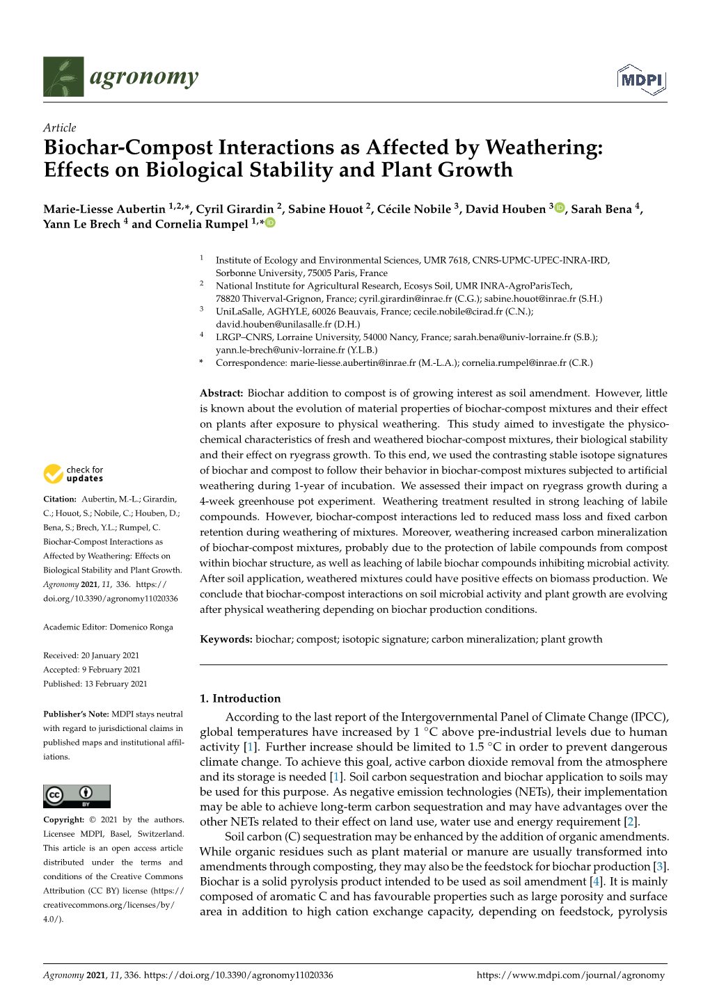 Biochar-Compost Interactions As Affected by Weathering: Effects on Biological Stability and Plant Growth