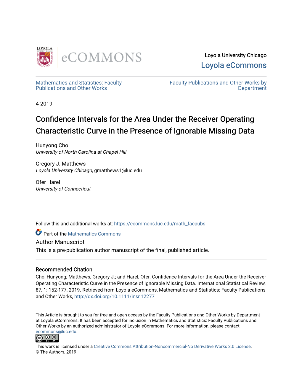 Confidence Intervals for the Area Under the Receiver Operating Characteristic Curve in the Presence of Ignorable Missing Data