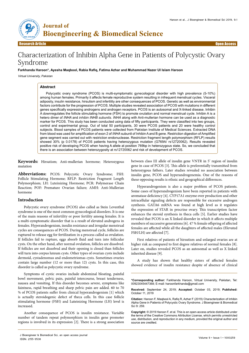 Characterization of Inhibin Alpha Gene in Patients of Polycystic Ovary