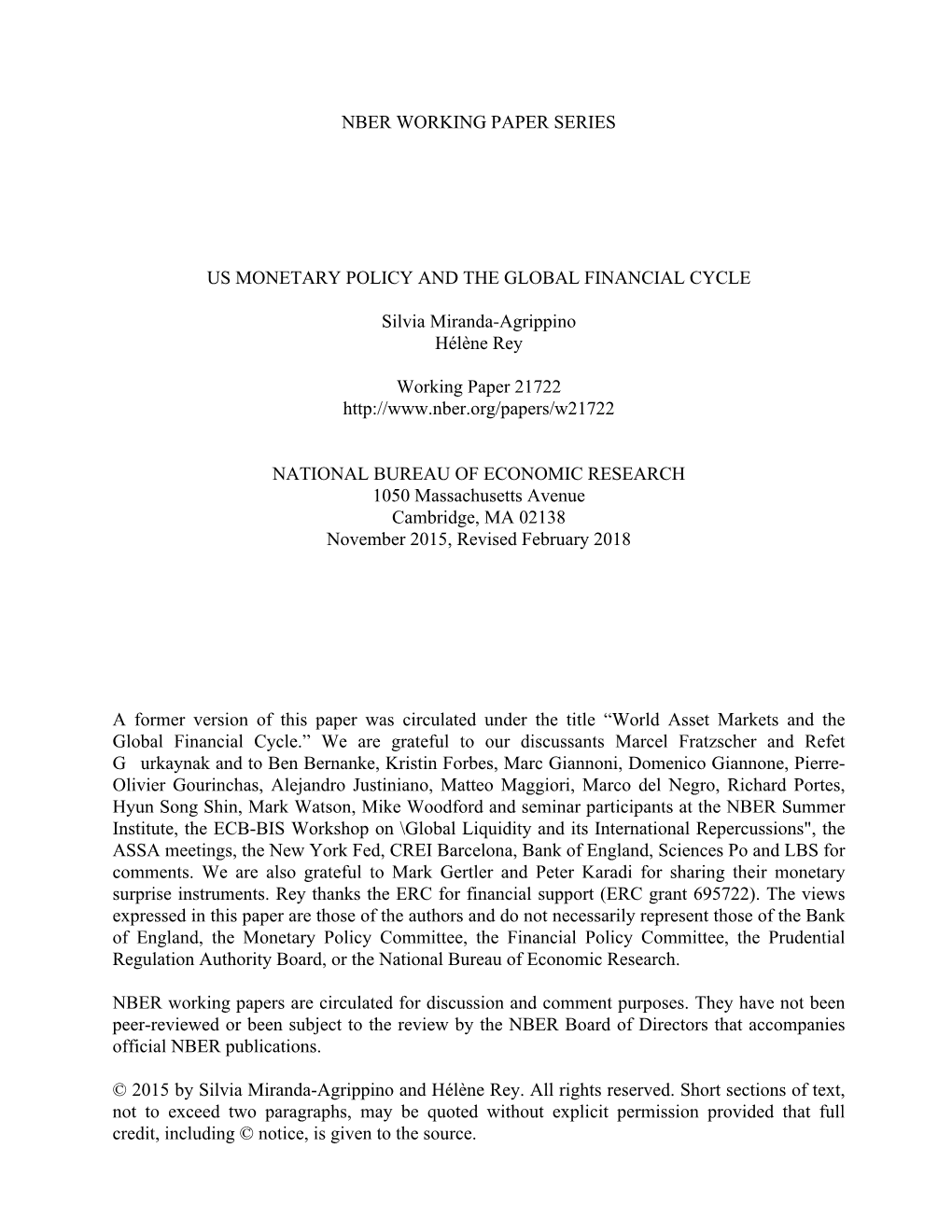Nber Working Paper Series Us Monetary Policy and The