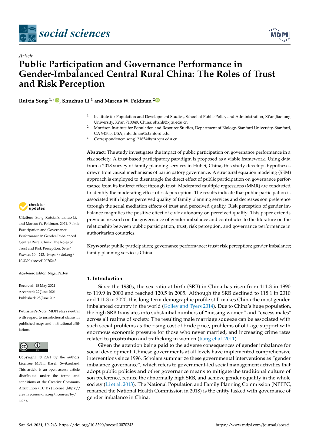 Public Participation and Governance Performance in Gender-Imbalanced Central Rural China: the Roles of Trust and Risk Perception