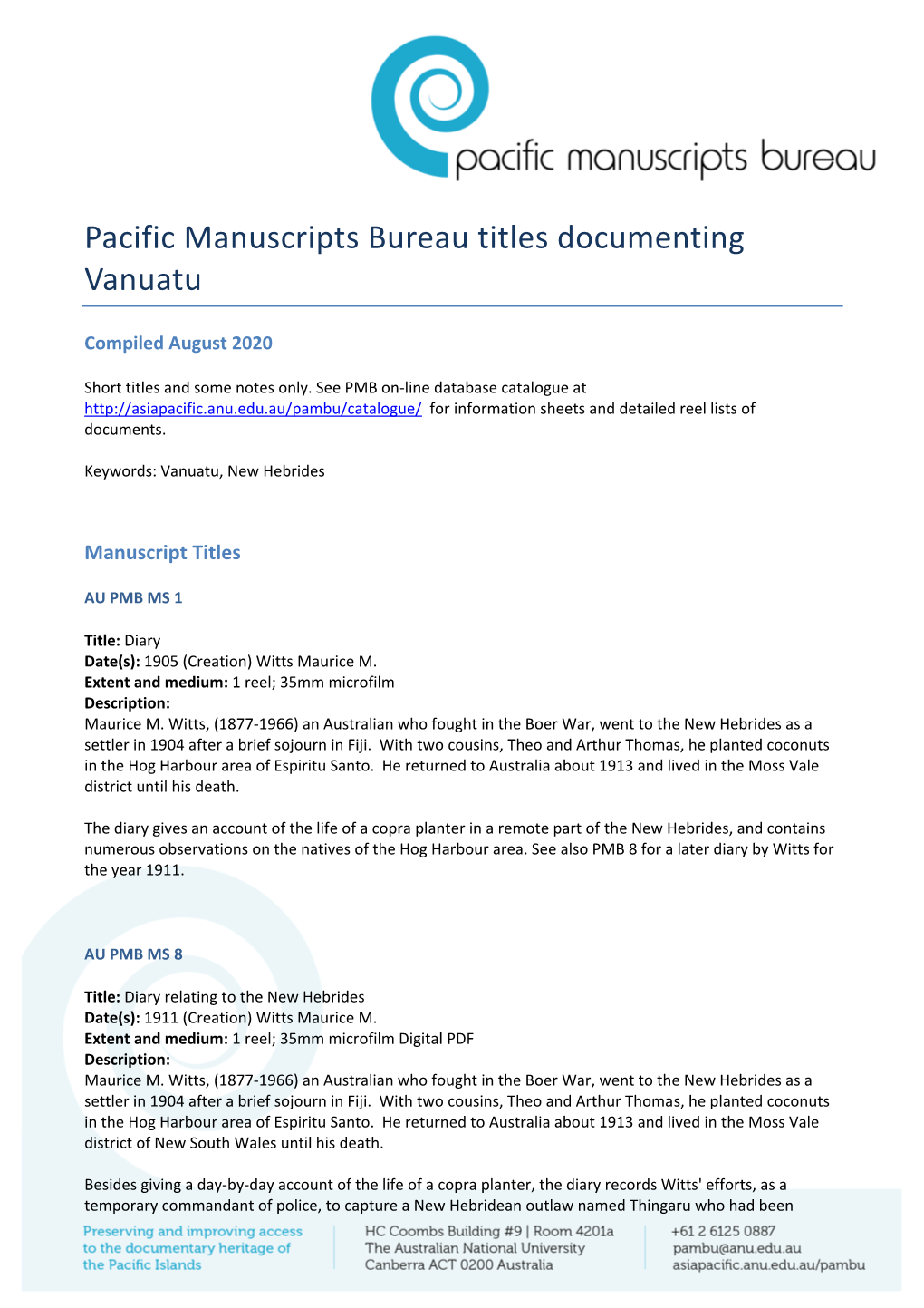 Pacific Manuscripts Bureau Titles Documenting Vanuatu