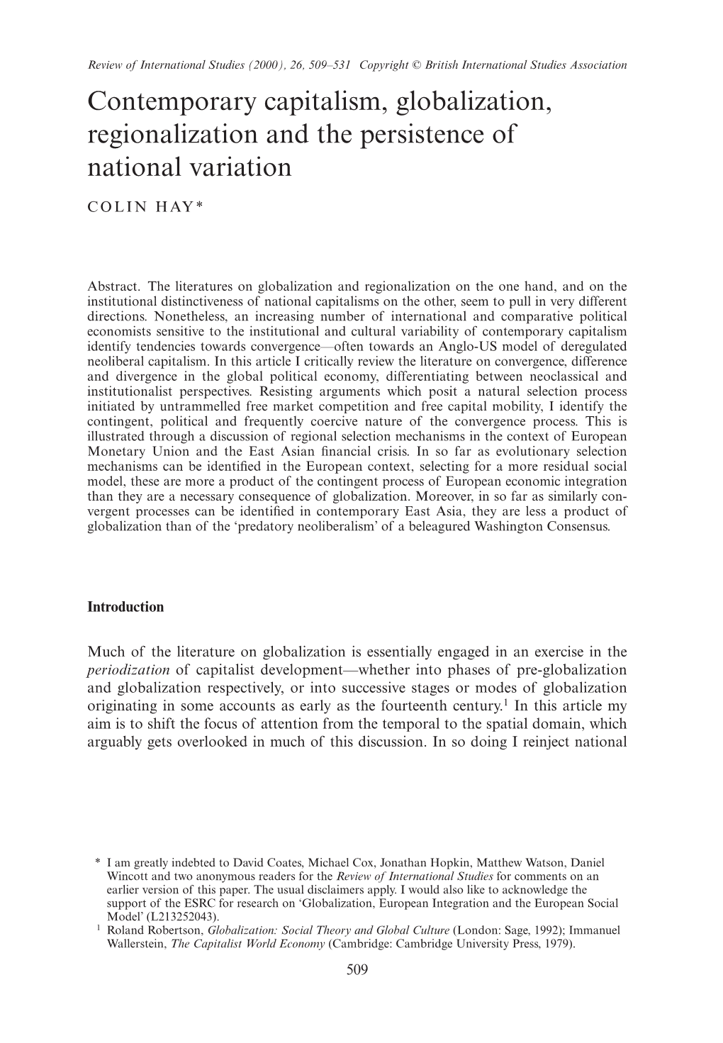 Contemporary Capitalism, Globalization, Regionalization and the Persistence of National Variation