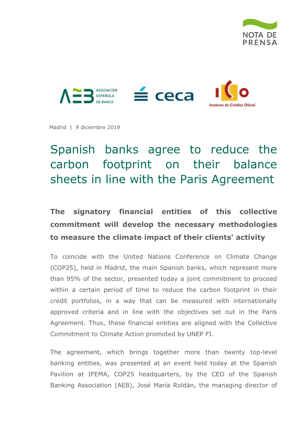 Spanish Banks Agree to Reduce the Carbon Footprint on Their Balance Sheets in Line with the Paris Agreement