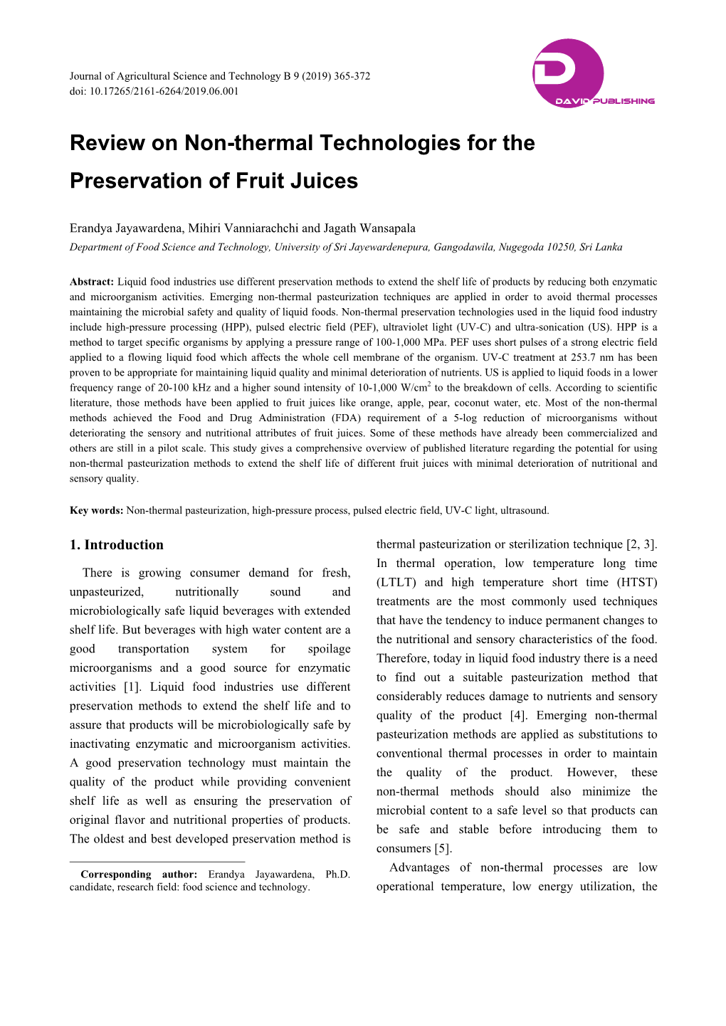 Review on Non-Thermal Technologies for the Preservation of Fruit Juices