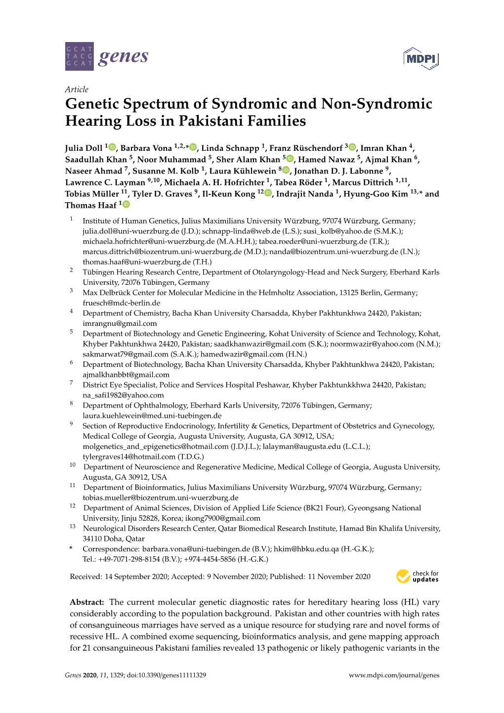 Genetic Spectrum of Syndromic and Non-Syndromic Hearing Loss in Pakistani Families